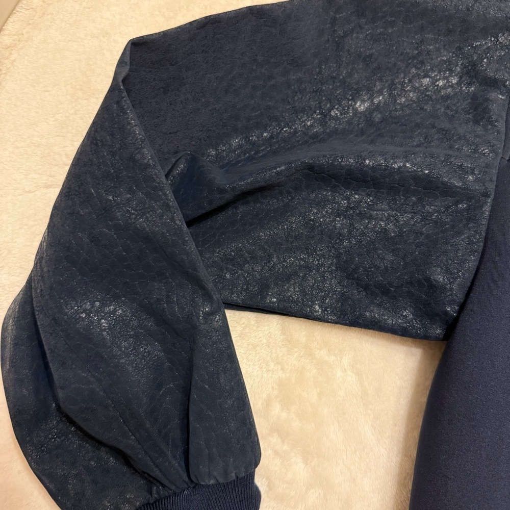 Navy Blue Bomber Jacket with leather sleeves - Picture 5 of 5